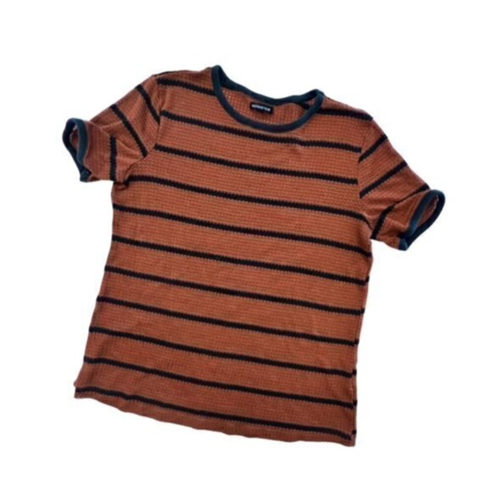 WhoWhatWear Women Brown Black Striped Short Sleeve Sweater Blouse Lightweight SM